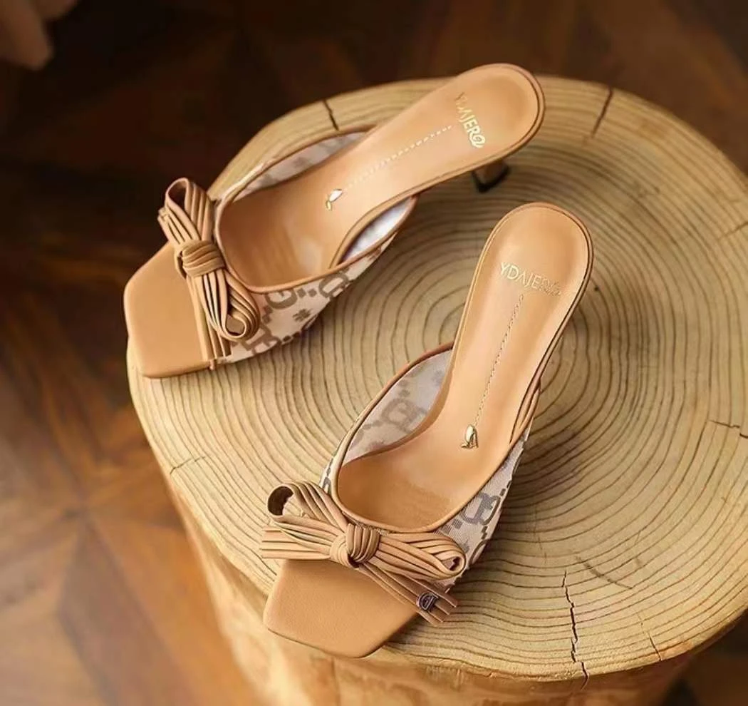 大厂出品297138韩版方头细跟高跟鞋镂空女鞋细跟夏季一字带半拖