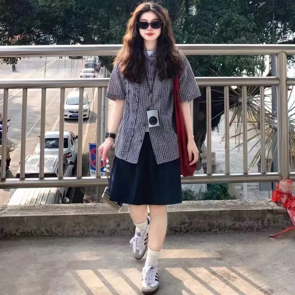 日系潮牌小设计街头宽松泡泡纱格纹荷叶边短袖半袖衬衫女