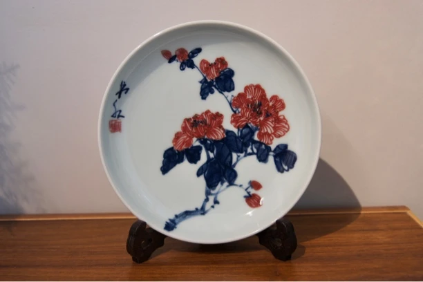 易炎窑原创手工手绘青花釉里红气窑高温烧原矿釉小号赏盘壶承果盘