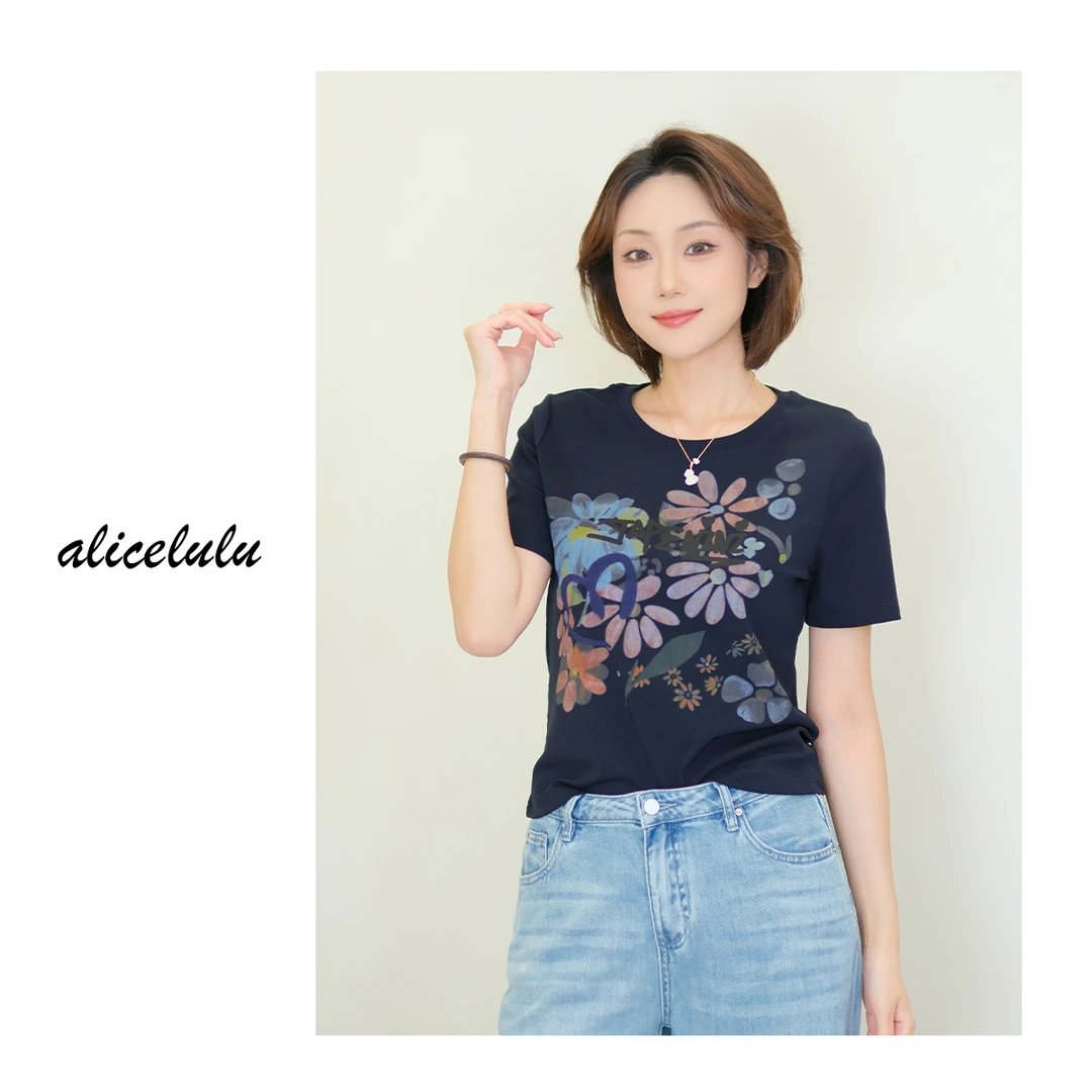 2alicelulu休闲百搭花朵印花圆领短袖正肩T恤S1035026T