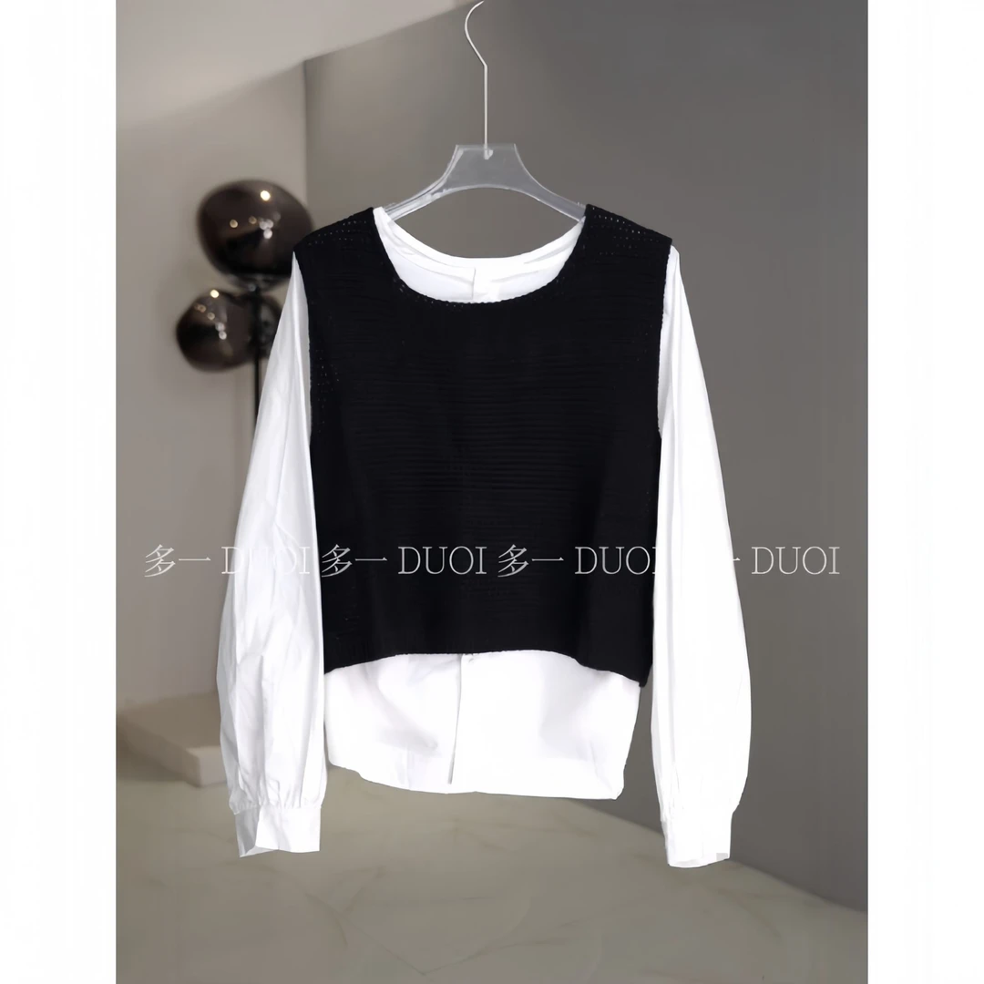 多一“甜叙”2025秋冬单排扣百搭圆领泡泡袖衬衫搭针织马甲两件套