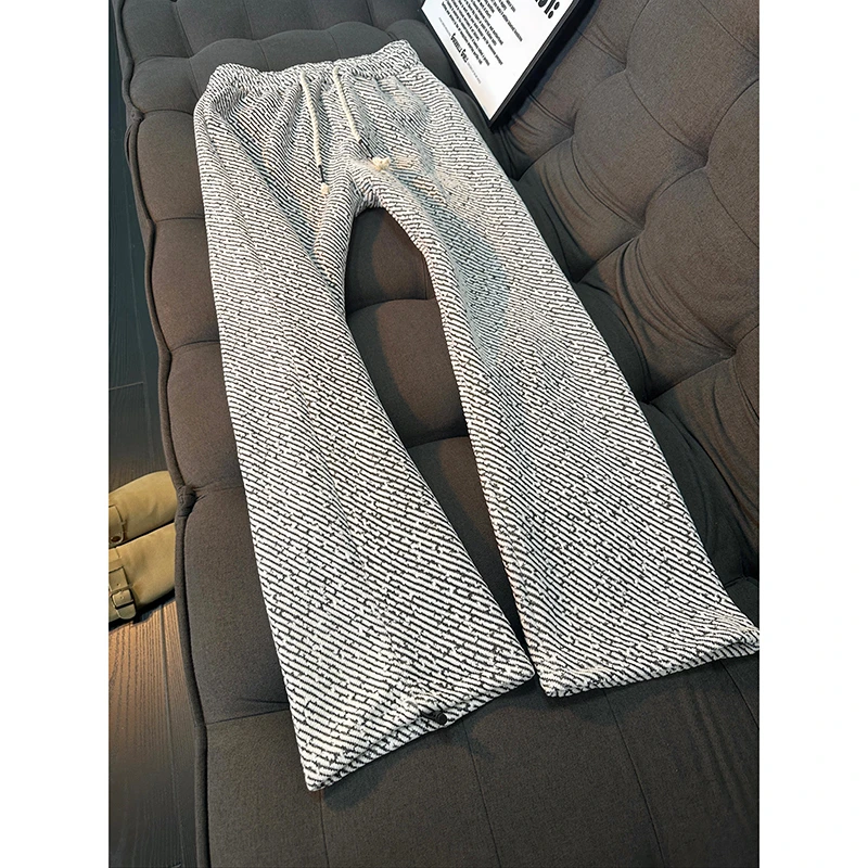 小香风粗花裤子男款秋季慵懒美式重磅卫裤宽松直筒针织条纹休闲裤