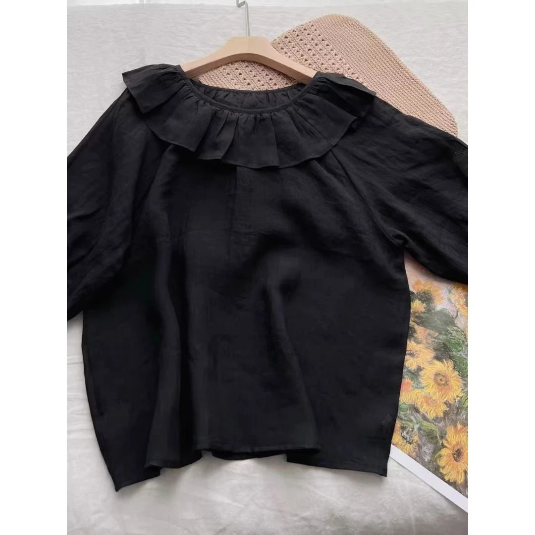 巨有质感！舒服!天然强捻柔软高支衬衫女夏季黑色娃娃领五分袖上衣