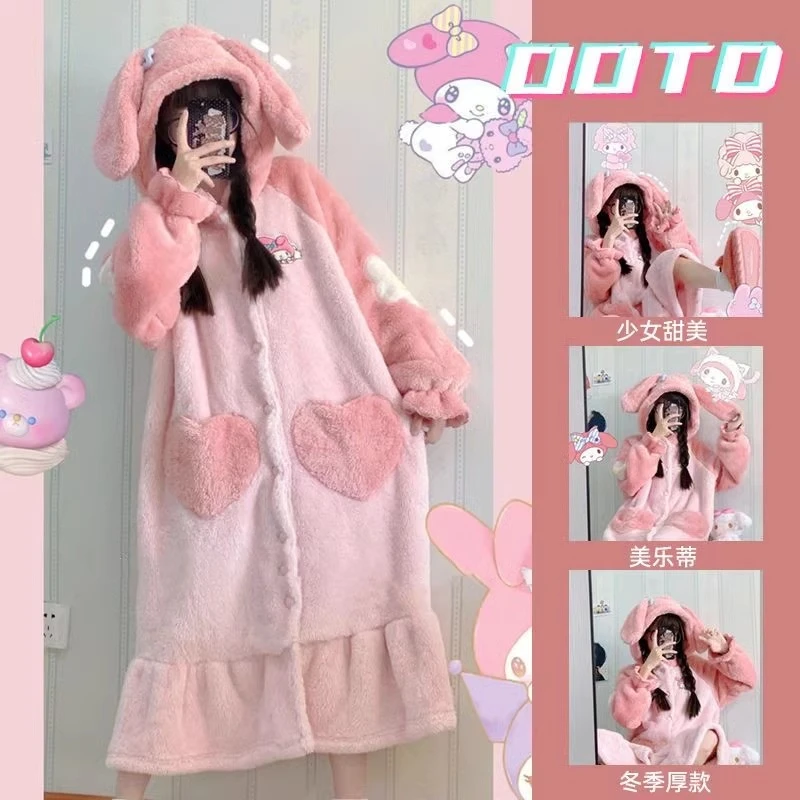 可爱美乐蒂睡袍珊瑚绒睡衣女加绒加厚学生大码冬季网红珊瑚绒睡裙