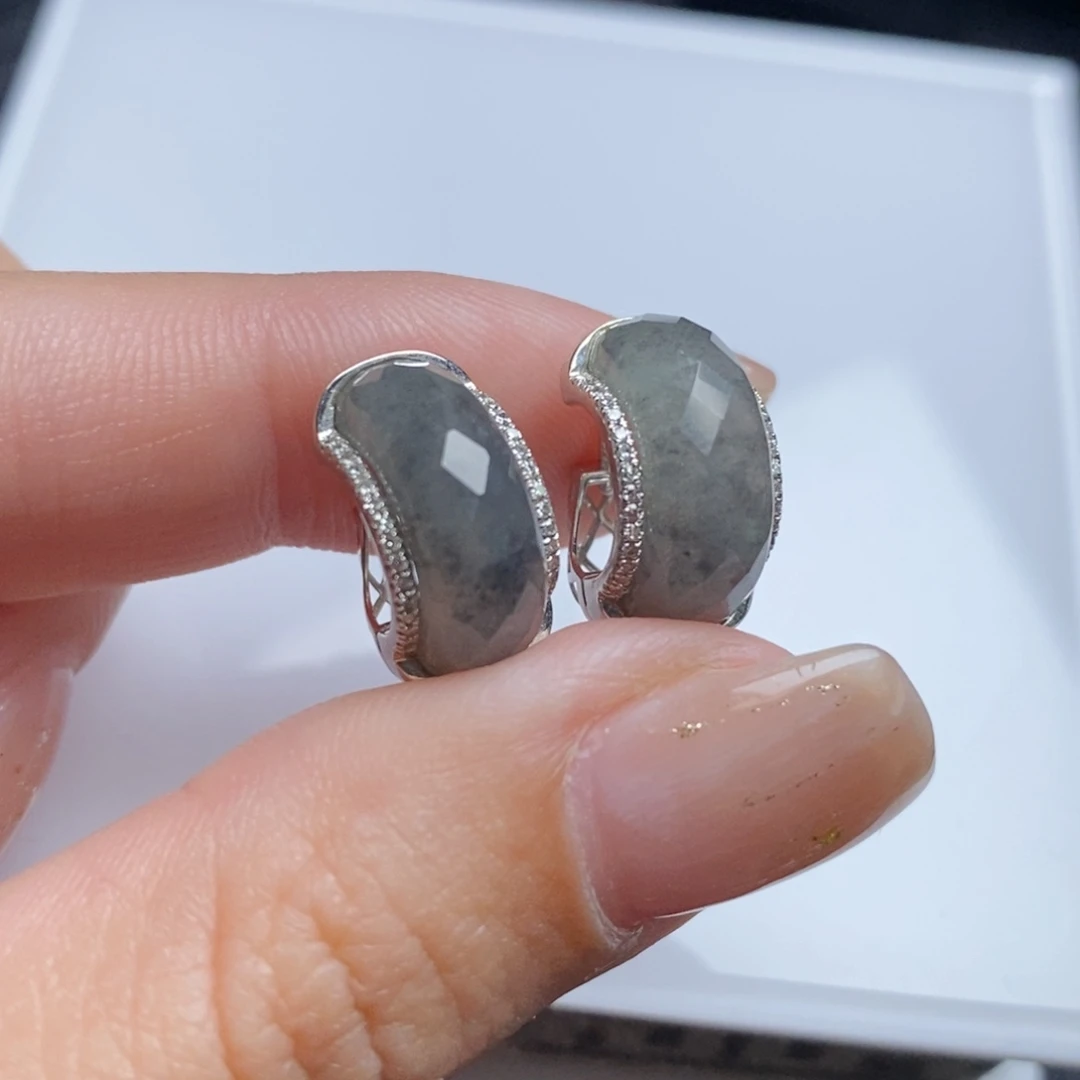 翡翠18K金镶嵌耳饰冰乌鸡切割面圈圈耳扣