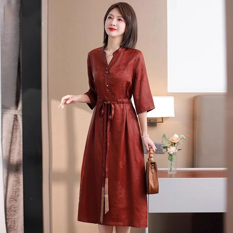 真丝香云纱修身连衣裙新款高端新中式红云纱外套国风大码妈妈长裙