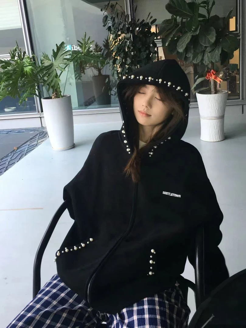 美式复古秋冬季新款钉珠慵懒风字母刺绣开衫连帽卫衣外套上衣