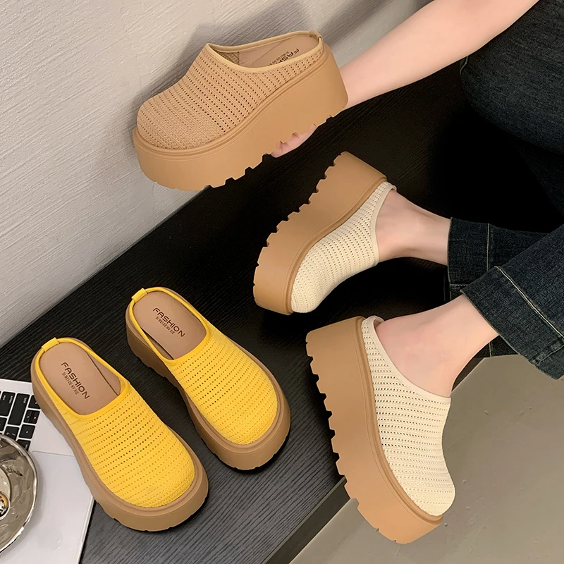 7CM~飞织网面包头厚底凉拖鞋女2025新款镂空透气一脚蹬松糕半拖鞋