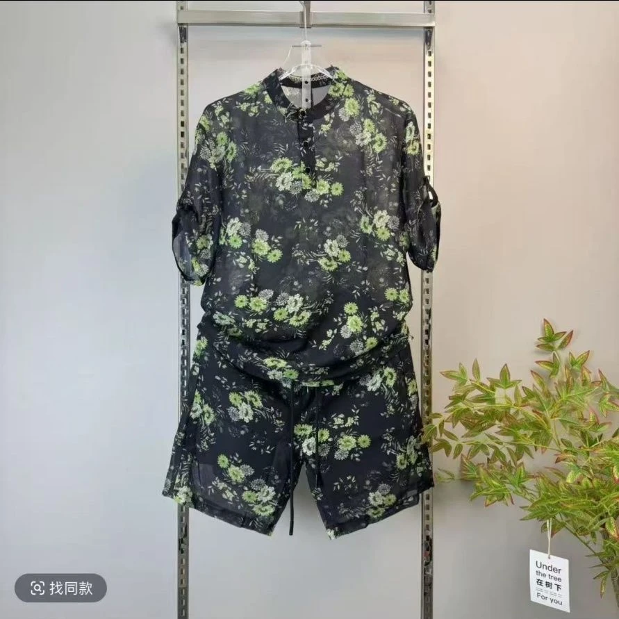 夏季薄款男薄纱套头圆领短袖宽松短裤凉快时尚套装休闲百搭两件套