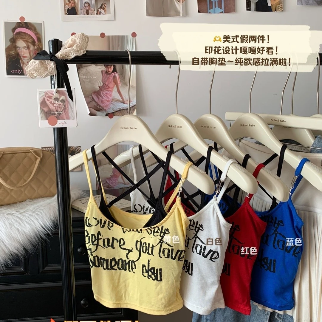 美式辣妹印花短款修身吊带背心交叉设计假两件美背打底外穿上衣