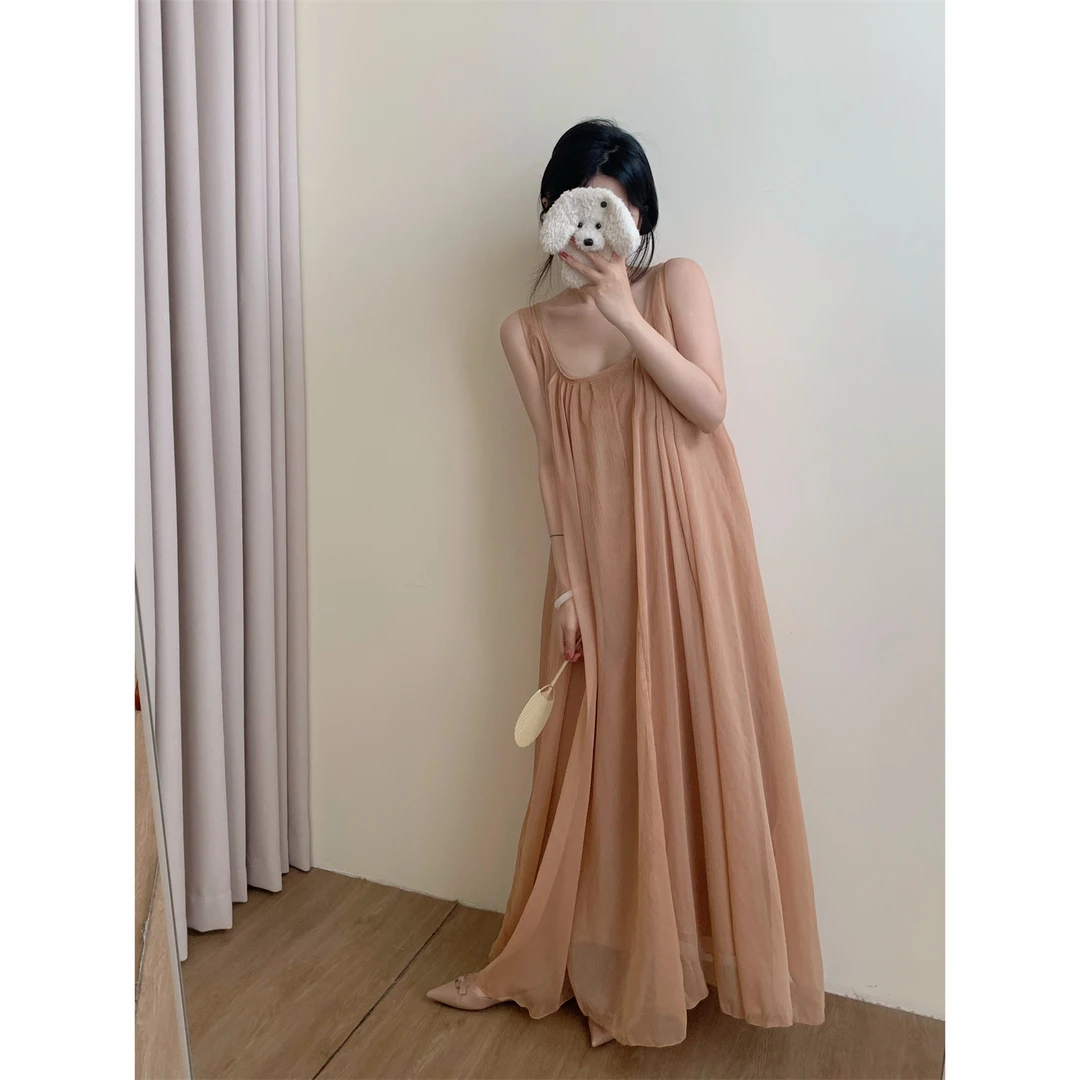 城南边儿 香槟色雪纺纱裙仿真丝肌理30D斜捻人造丝背心裙三个长度