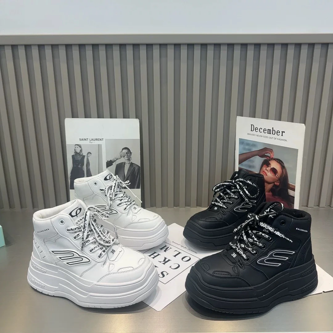 欧货真皮字母系带厚底松糕休闲鞋板鞋高帮鞋小个子6cm小白鞋女鞋