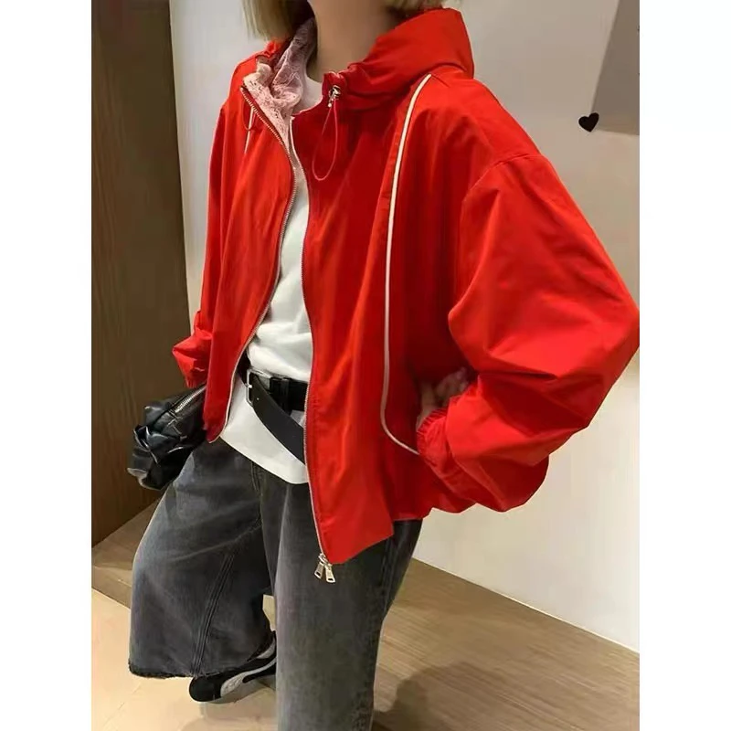 连帽蕾丝拼接薄款防晒夹克女春秋季休闲百搭外套上衣