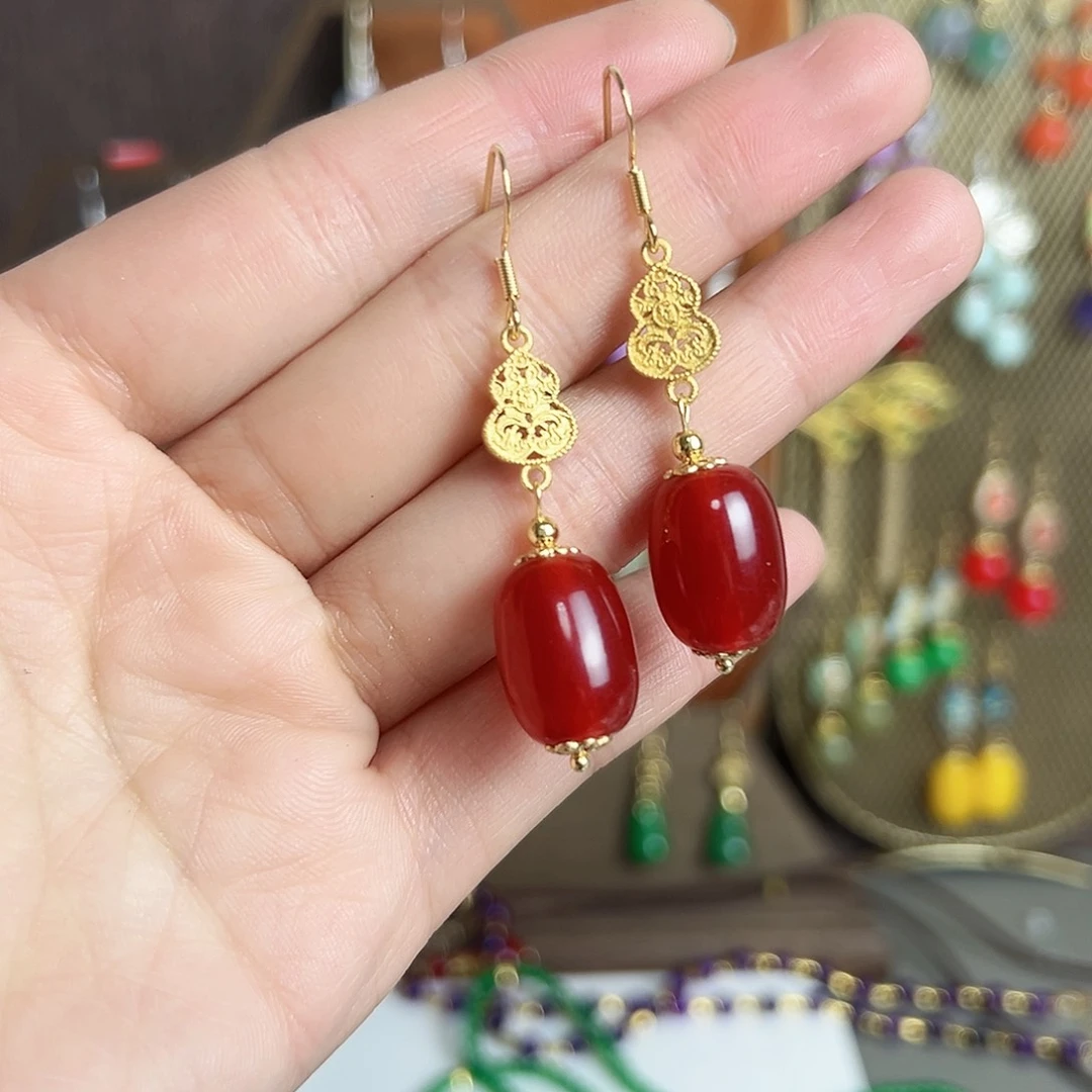 银S925镶嵌耳钉玛瑙/玉髓红色