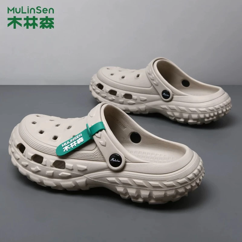 木林森素面注压鞋包头夏季洞洞鞋外穿防滑潮流凉拖情侣男士厚底