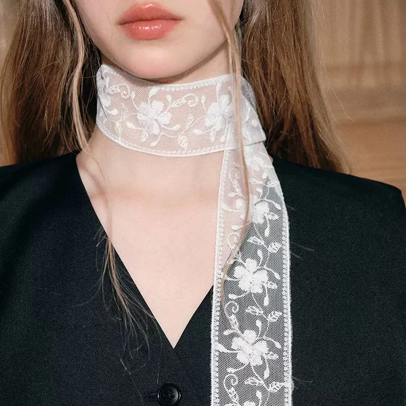 意式蕾丝领带发带气质细长条丝巾春夏百搭装饰细窄提花发带