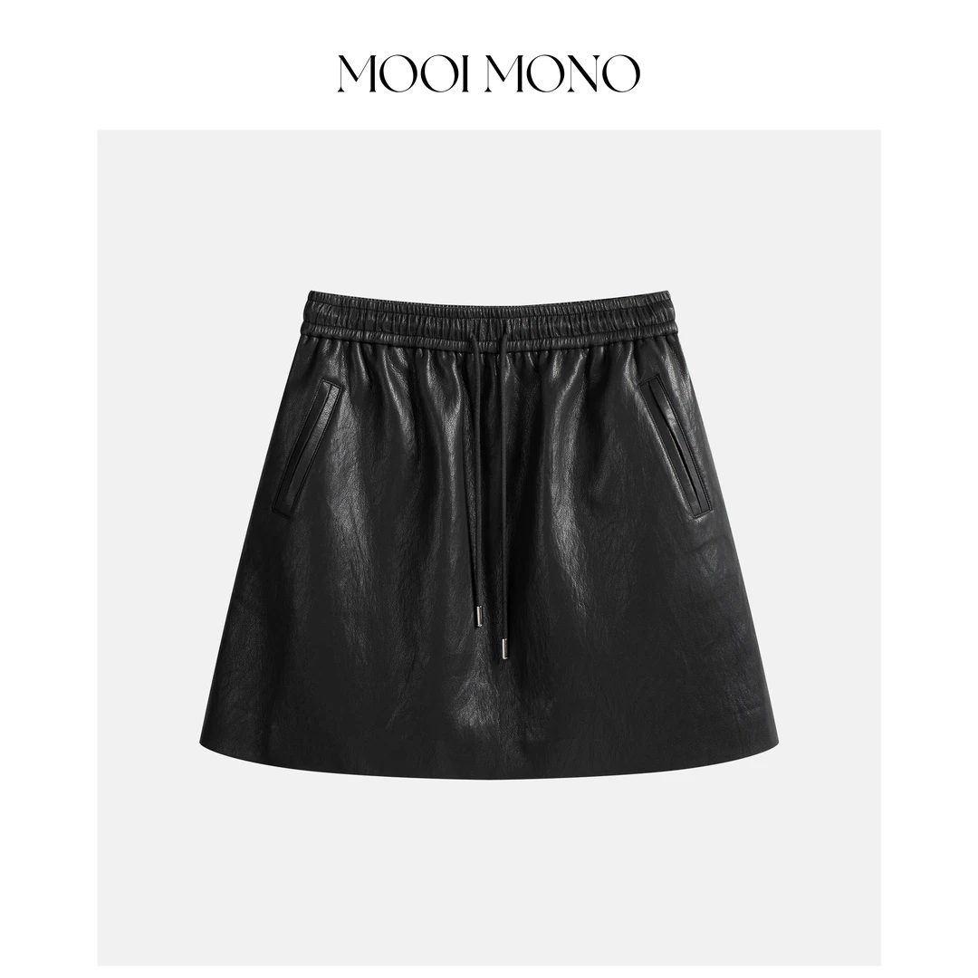 MOOI MONO"凯莉皮裙"显瘦气质百搭牛筋腰休闲小A摆皮半裙 S123H53