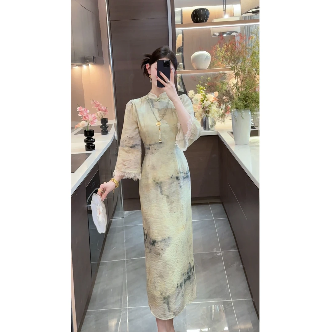 【周粥】【远山黛】2025新款新中式复古印花收身连衣裙预JJC5LYQ1235