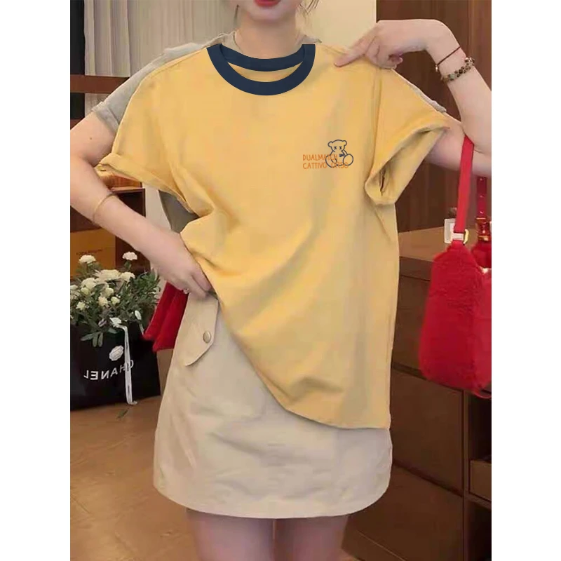 2025新款正肩纯棉短袖t恤女ins休闲百搭插色洋气撞色黄色上衣夏季