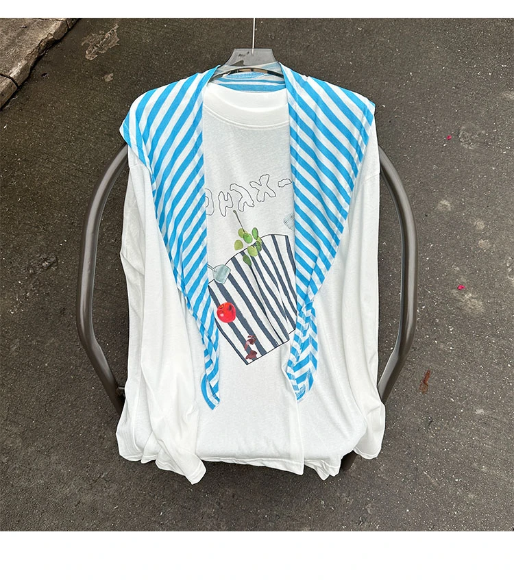 欧阳 条纹披肩印花长袖T恤女夏季薄款防晒慵懒宽松圆领上衣