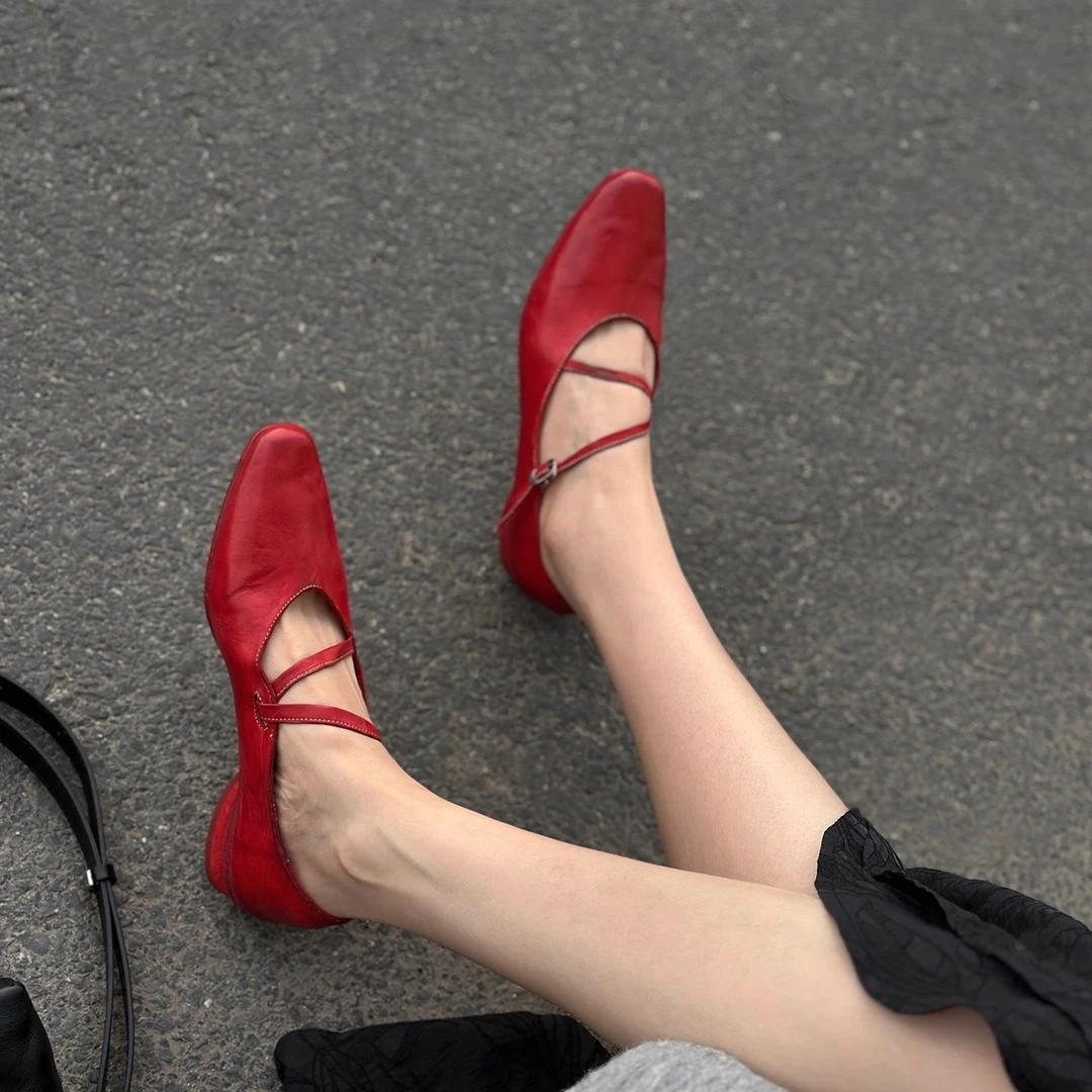 韩版高档舒适百搭气质时尚马皮水洗玛丽珍交叉带绑带平底浅口单鞋