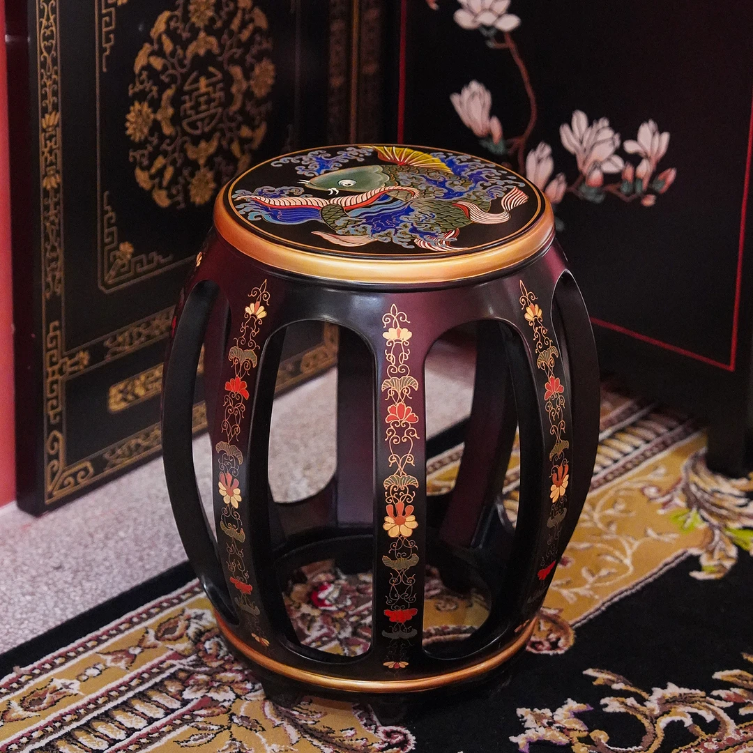 【本尼家】TS70新中式古典实木边几客厅花架描金手绘漆画鱼凳