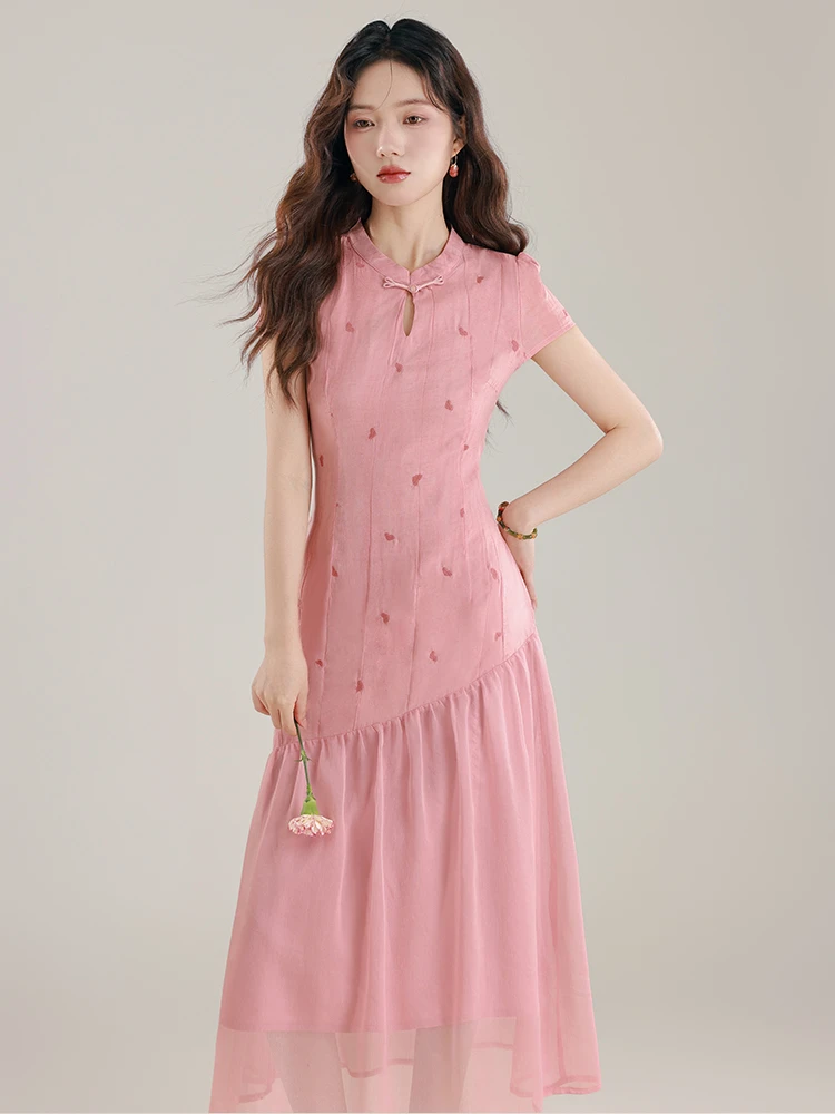 新中式晕染爱心刺绣旗袍夏新品假两件连衣裙