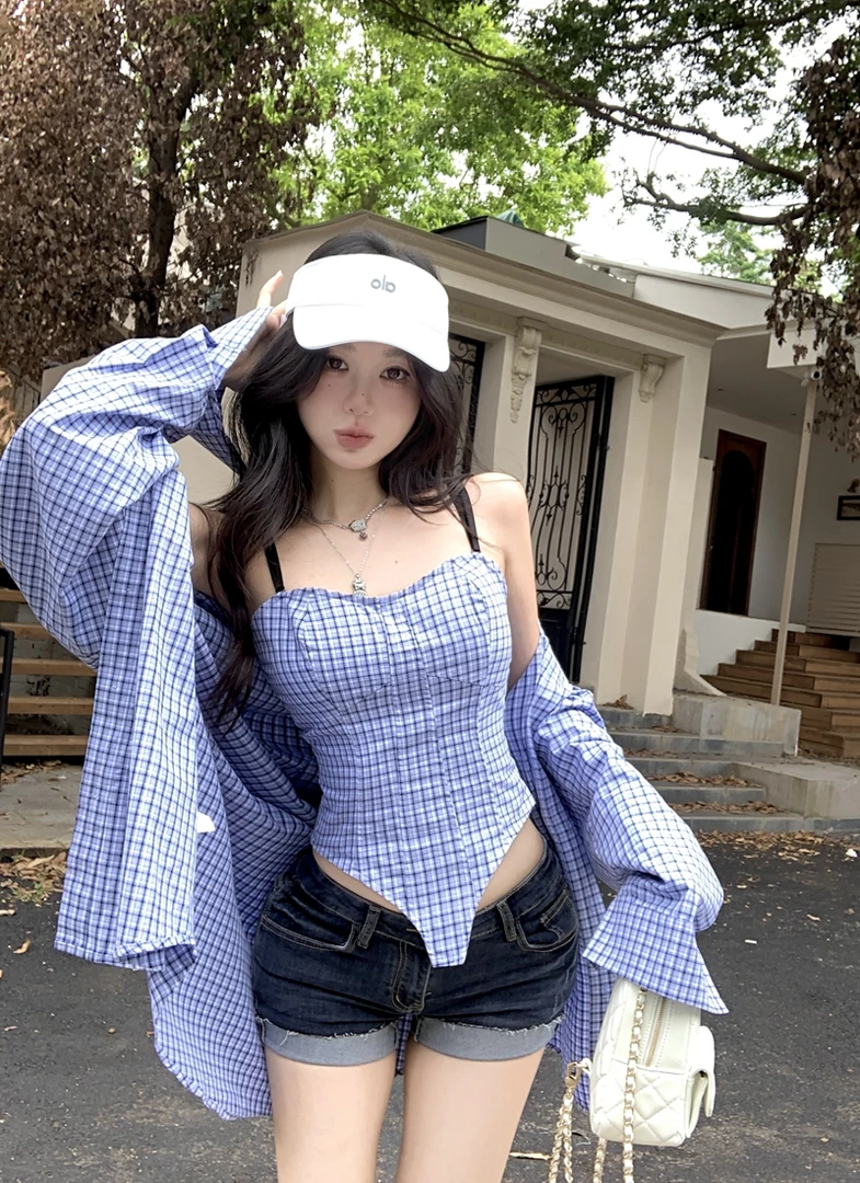 秋季新款学院风格子修身带胸垫吊带背心+宽松休闲长袖衬衫两件套