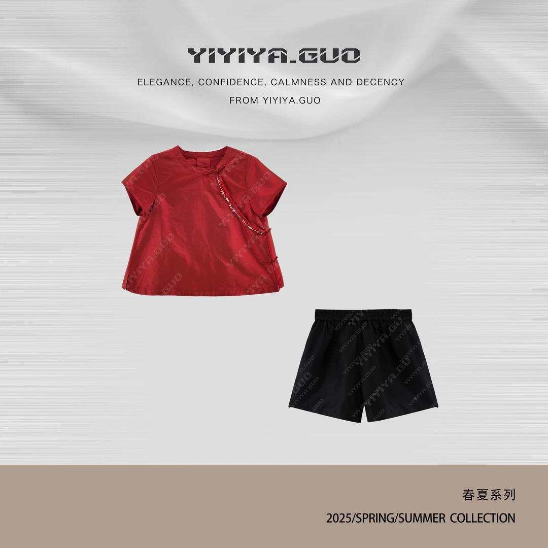 yiyiya.Guo艺艺吖【双宫绸·红宝】中国风斜襟钉珠上衣2118SS52