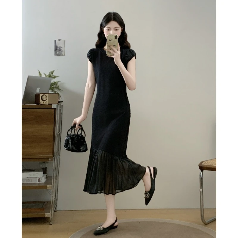 2025秋季小个子花苞袖口连衣裙云纱拼接显瘦中长款大码连衣裙女夏