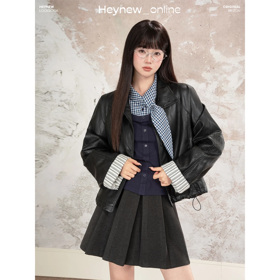 LOVEHEYNEW美式甜酷辣妹黑色长袖pu皮外套女秋撞色条纹上衣5Q213