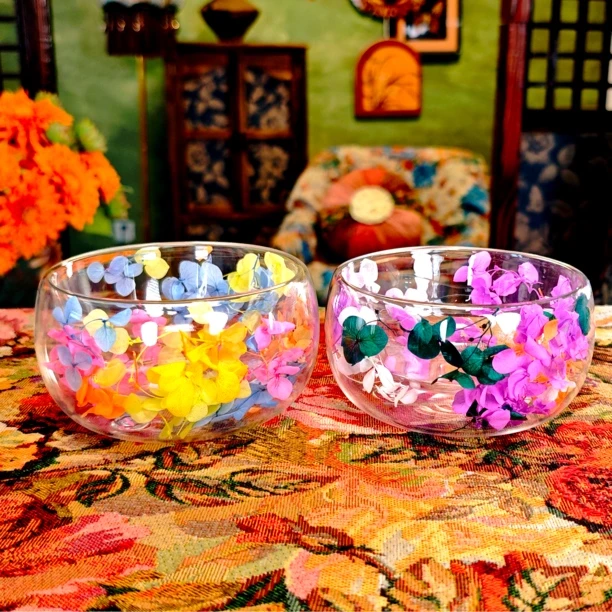 新款永生花系列高硼硅玻璃双层防烫碗甜品碗（绣球花碗两只装）