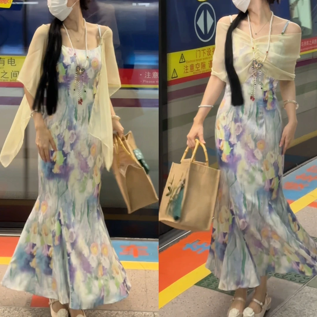 【南江南江】披肩真两件可拆卸新中式鱼尾连衣裙优雅气质显瘦印花裙