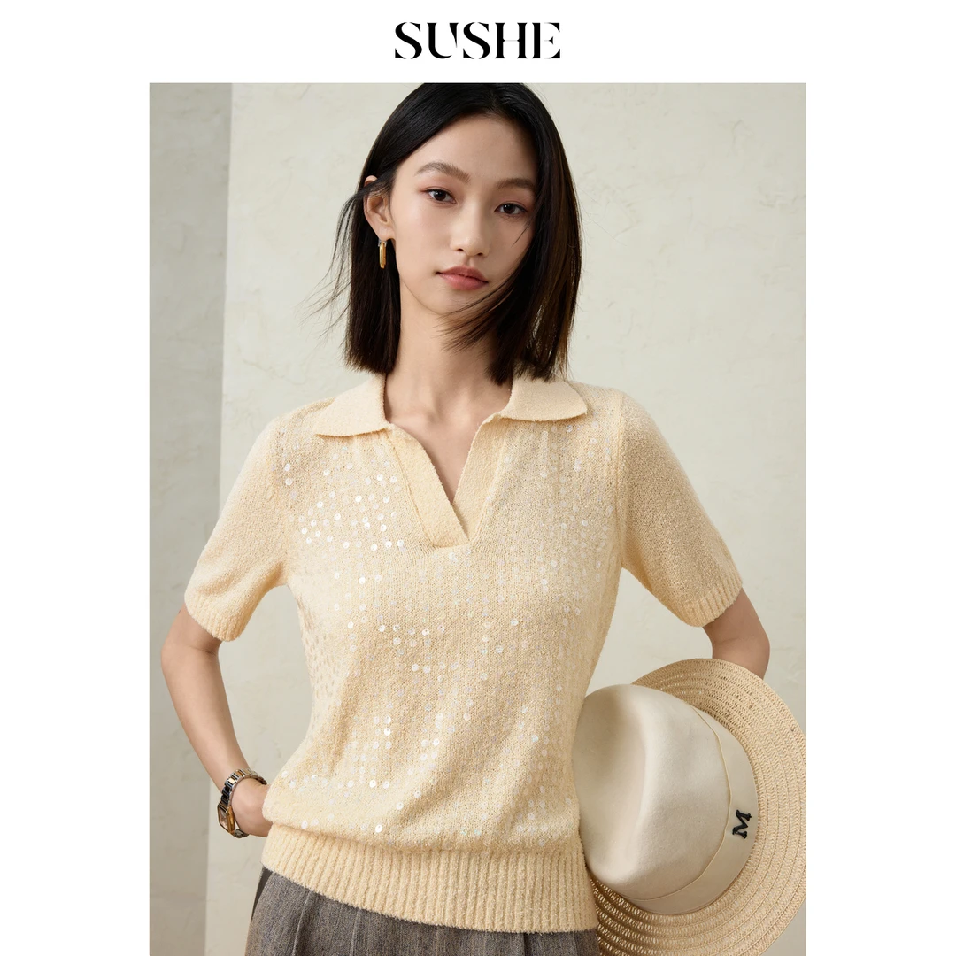 束皙SUSHE 星粼 新浪漫主义 圈圈纱重工珠片绣Polo领正肩针织短袖