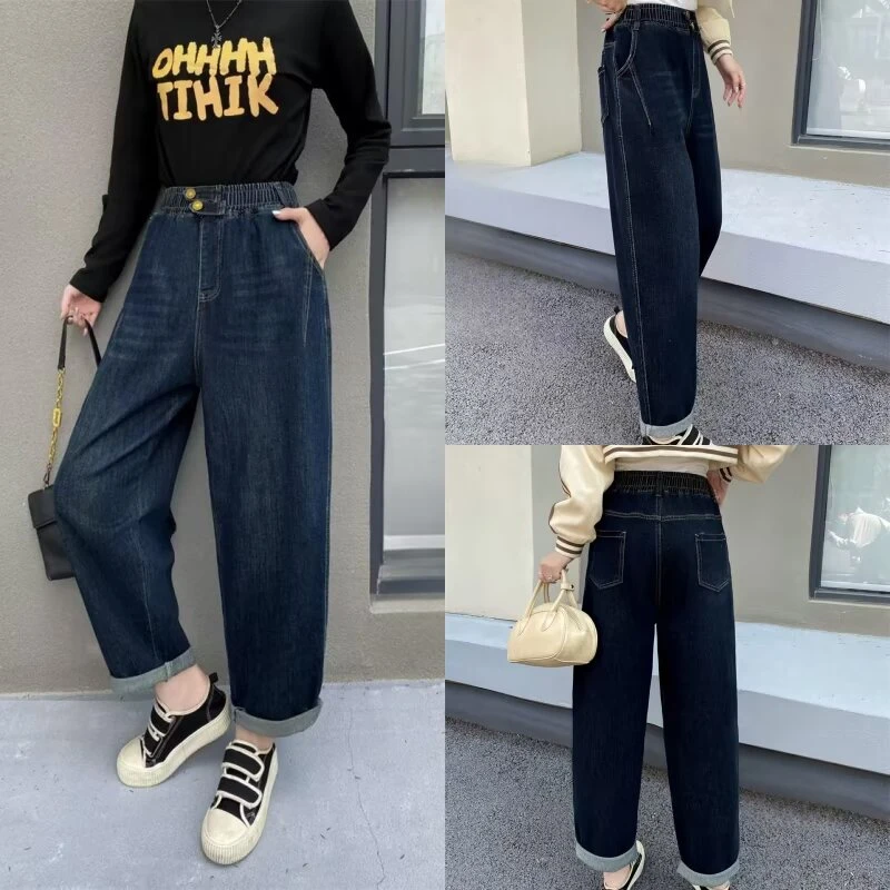 2025早秋新款哈伦老爹女仔裤半松紧高腰款复古纽扣做旧宽松6868