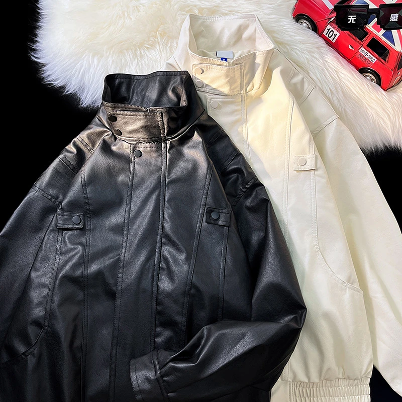 美式立领皮衣男士春秋款日系复古pu皮夹克宽松潮牌痞帅机车服外套
