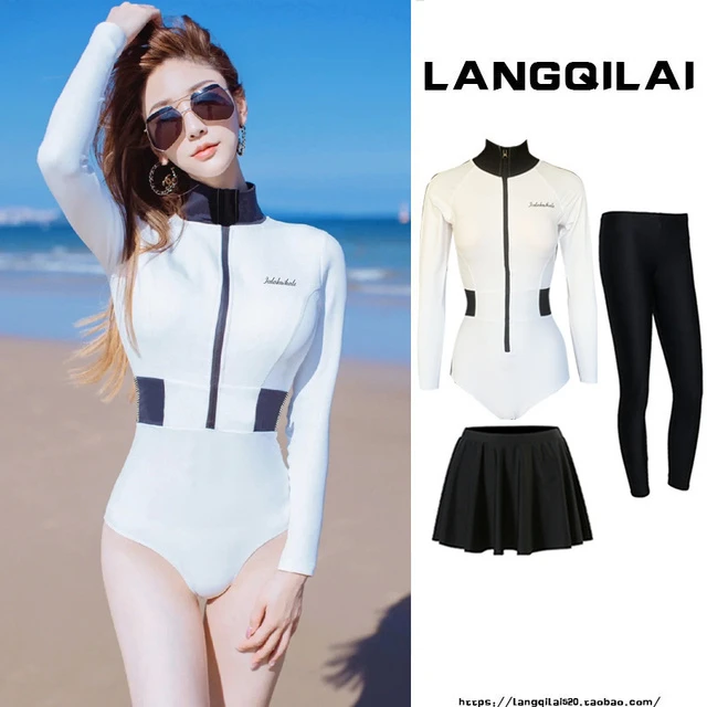 韩国潜水服女连体修身长袖冲浪服显瘦户外运动学生防晒游泳衣新款