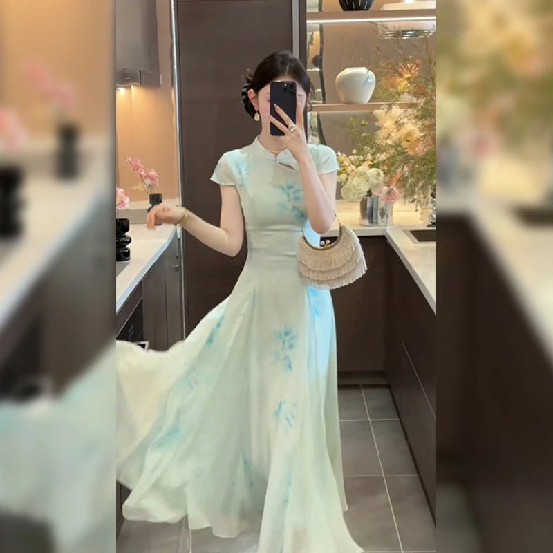 新中式气质国风印花旗袍连衣裙2025夏季新款优雅蓝色绝美长裙女装