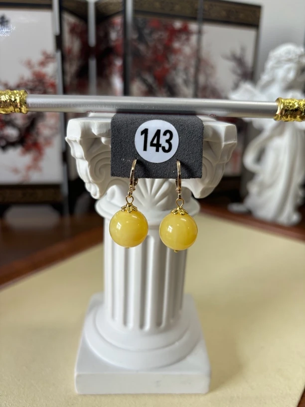 天然正品俄料蜜蜡圆珠13mm鸡油黄925银镀18K金防过敏耳坠琥珀 143