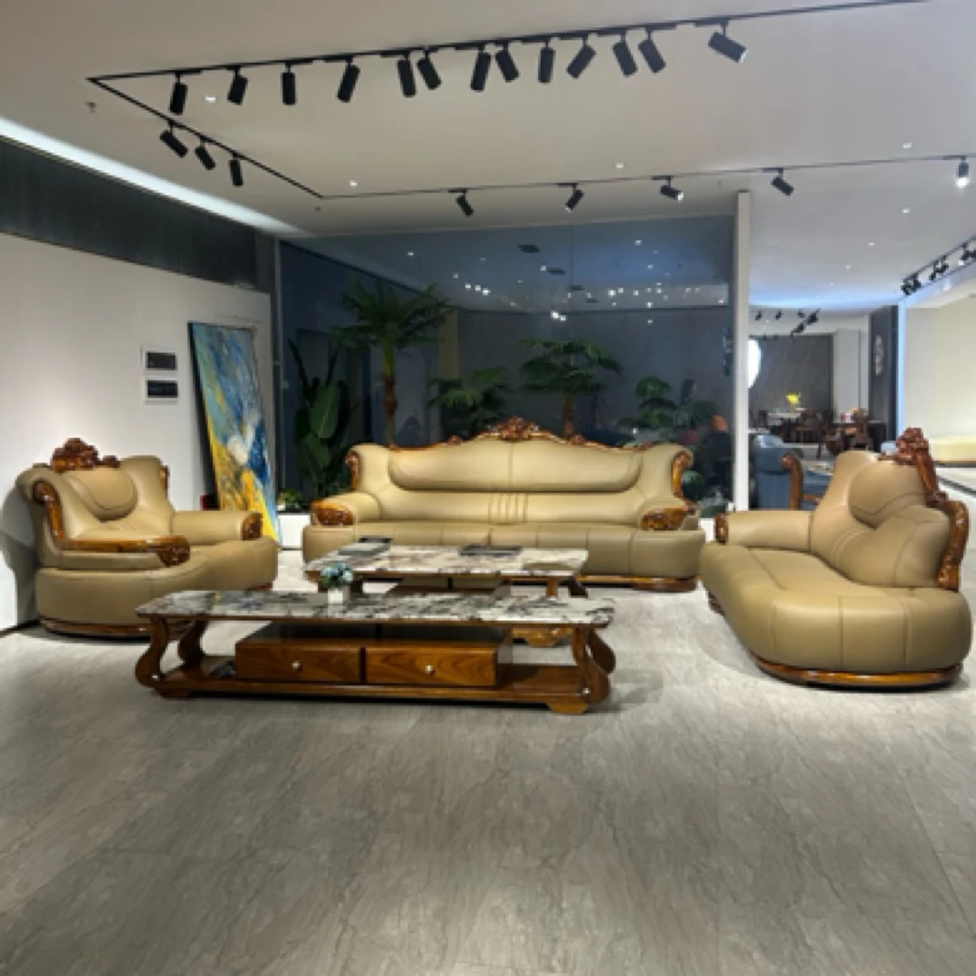 新中式实木沙发简欧雕刻轻奢别墅客厅大户型头层真皮乌金木组合