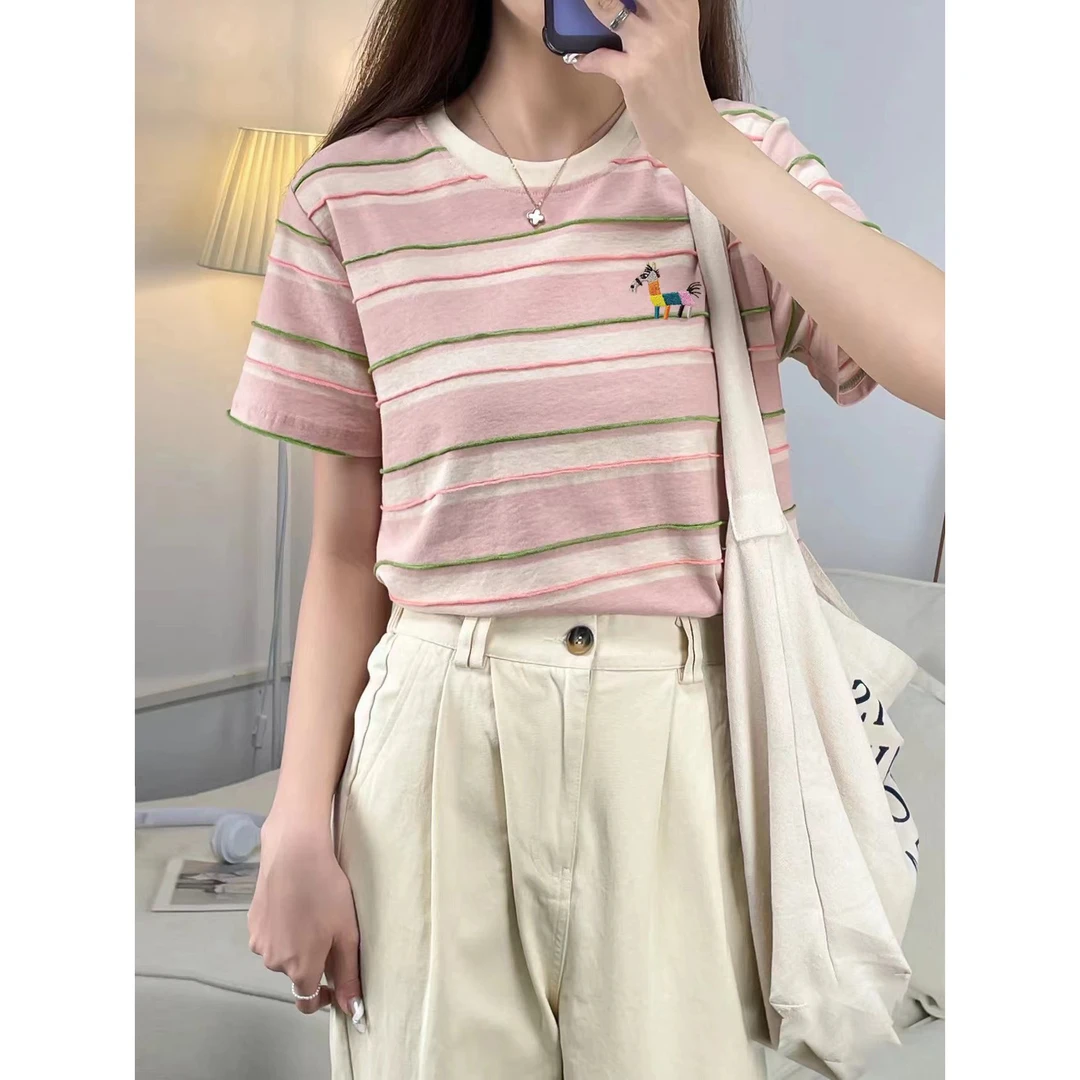 外贸品质【刺绣-彩虹马】休闲时尚百搭条纹撞色T恤24137