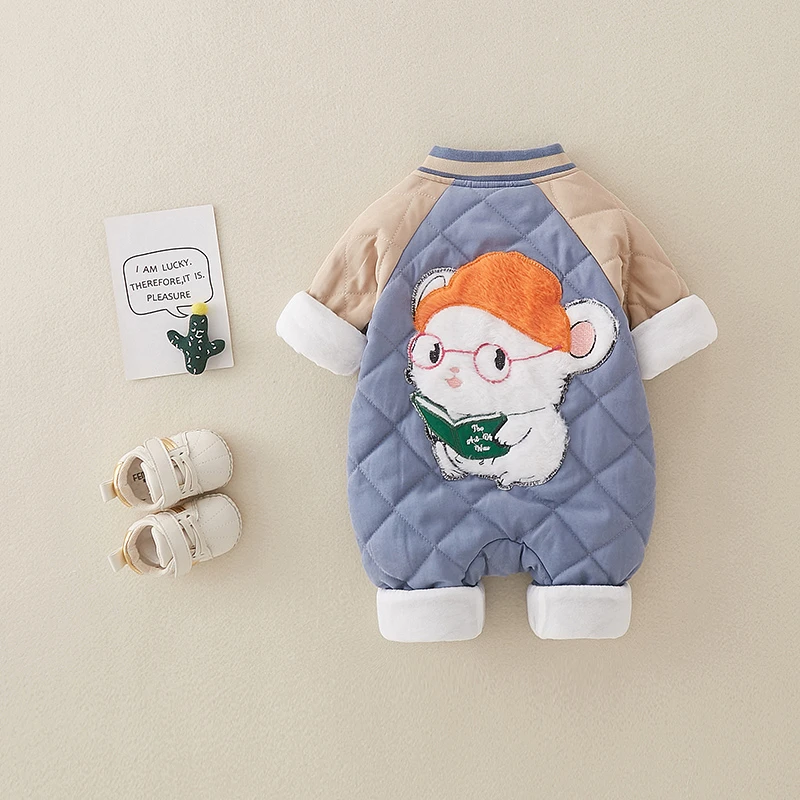 婴儿秋冬薄款棉衣卡通个性连体衣男宝宝深秋双层夹棉哈衣网红爬服