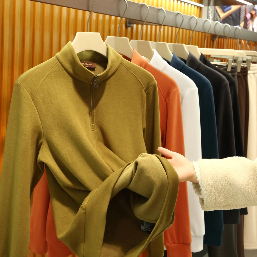 意奢老钱风秋冬男女蚕丝羊毛混纺磨绒保暖立领长袖卫衣打底衫2011