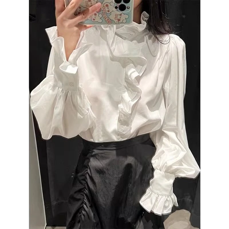 满眼都是颜值感！小众法式衬衣复古荷叶边立领白色长袖衬衫女上衣