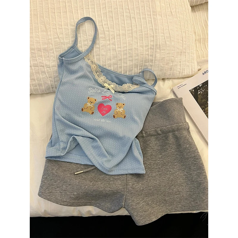 【波点小熊】韩系可爱卡通睡衣女夏季新款吊带短裤家居服套装可外穿