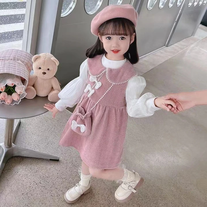 甜美女孩穿搭套装裙2024秋冬娃娃领钉珠结背心连衣裙长袖上衣