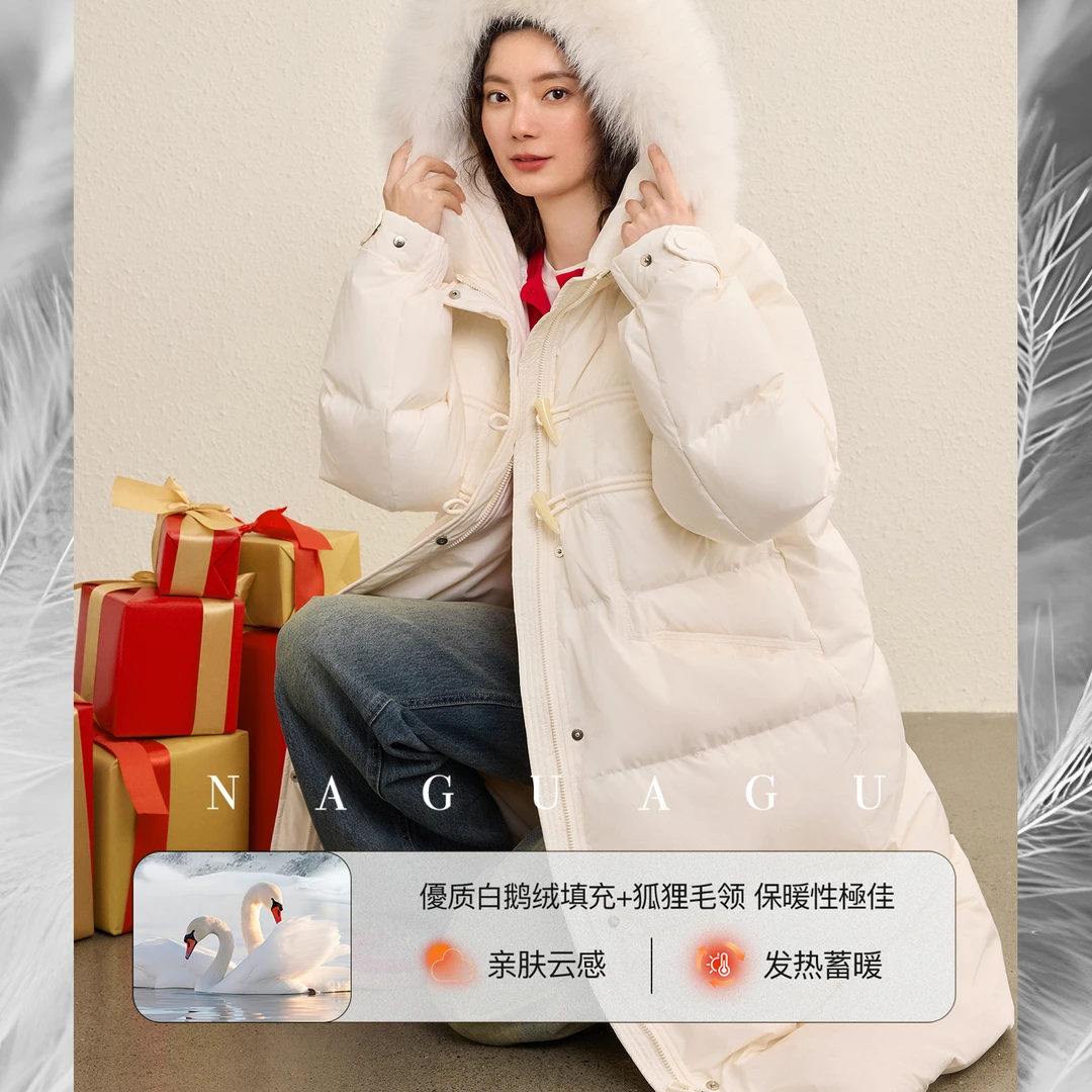 小樽日 ~白鹅绒填充狐狸毛领牛角扣长款廓形羽绒服女EY4YR0173-A