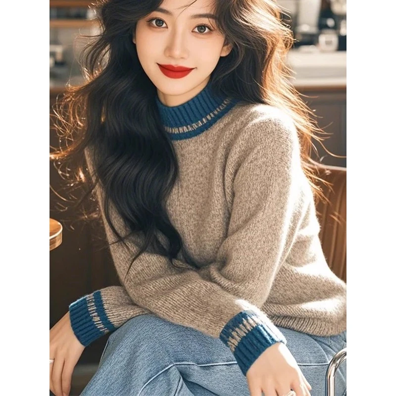 秋冬设计感小众半高领毛衣打底针织衫女内搭独特别致拼色长袖上衣