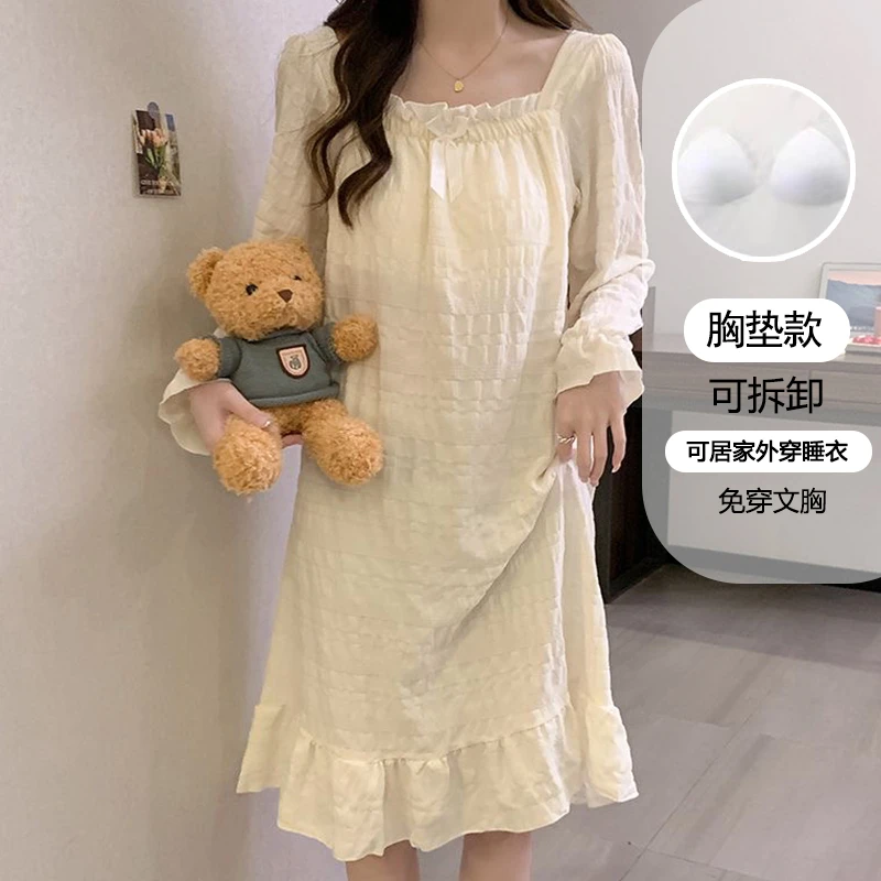 【星】春夏季长袖蝴蝶结宽松睡裙女甜美纯色带胸垫家居服睡衣X091