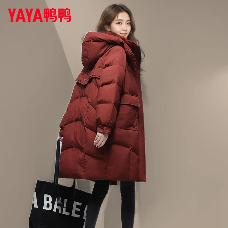 YAYA/鸭鸭鸭鸭羽绒服女新款新款冬季中长款休闲连帽保暖加厚外套